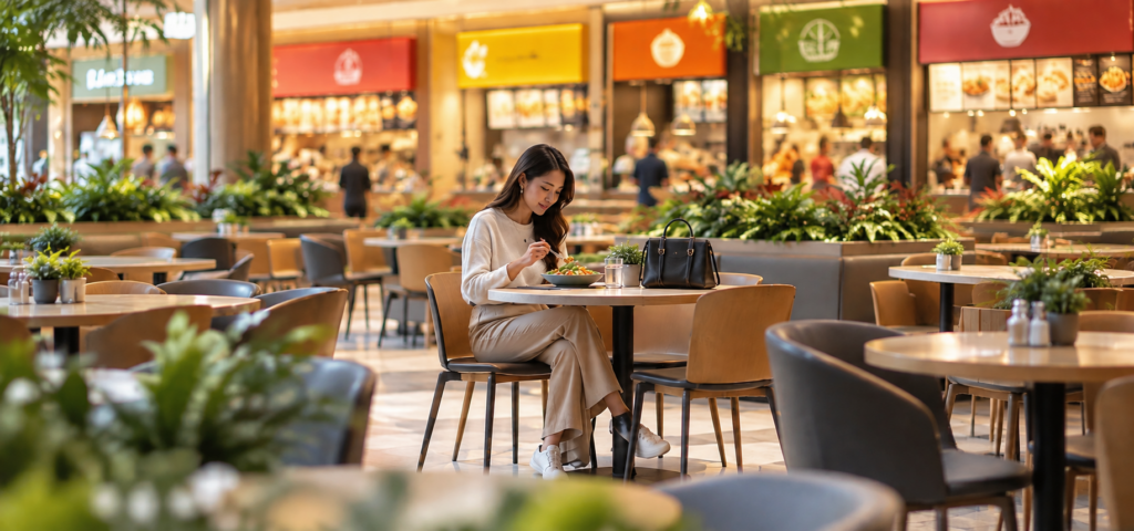 Asian woman eating lunch alone in a shopping centre food court, illustrating Behavioural Photography and Social Proof.