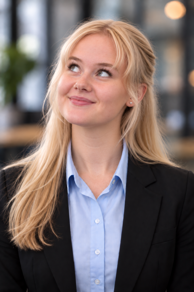Young woman looking towards the top-left corner, demonstrating gaze cueing and how eye direction can guide visual attention.