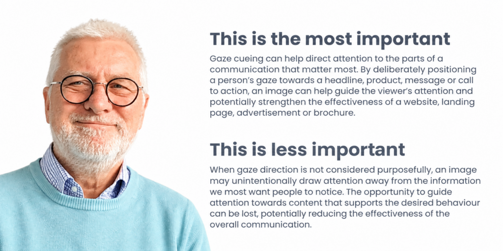 Older man looking directly at the viewer beside two sections of text, demonstrating direct gaze in a behavioural photography example.