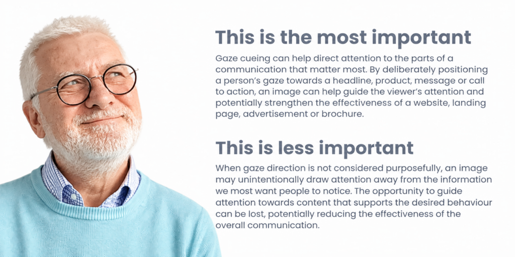 Older man looking towards the most important headline, demonstrating gaze cueing and visual attention in behavioural photography.