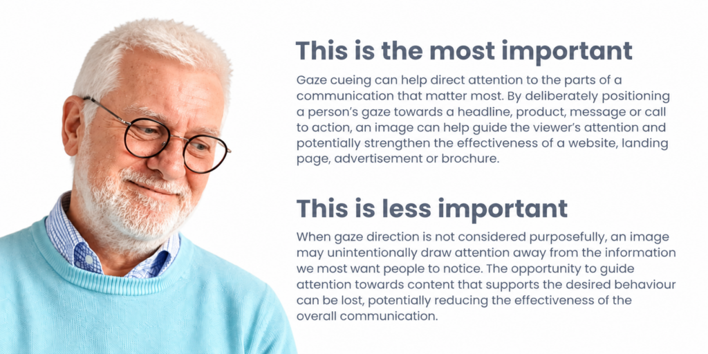 Older man looking towards the less important headline, demonstrating how gaze cueing can direct attention away from priority information.