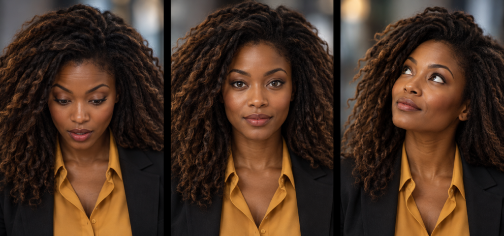 Three portraits of the same woman looking down, directly at the viewer and upwards, demonstrating gaze cueing and visual attention.