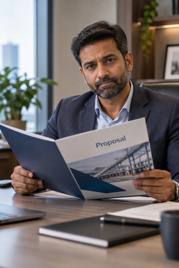 Disappointed businessman reviewing a proposal, illustrating how emotion can communicate the potential loss of an unsuccessful proposal.