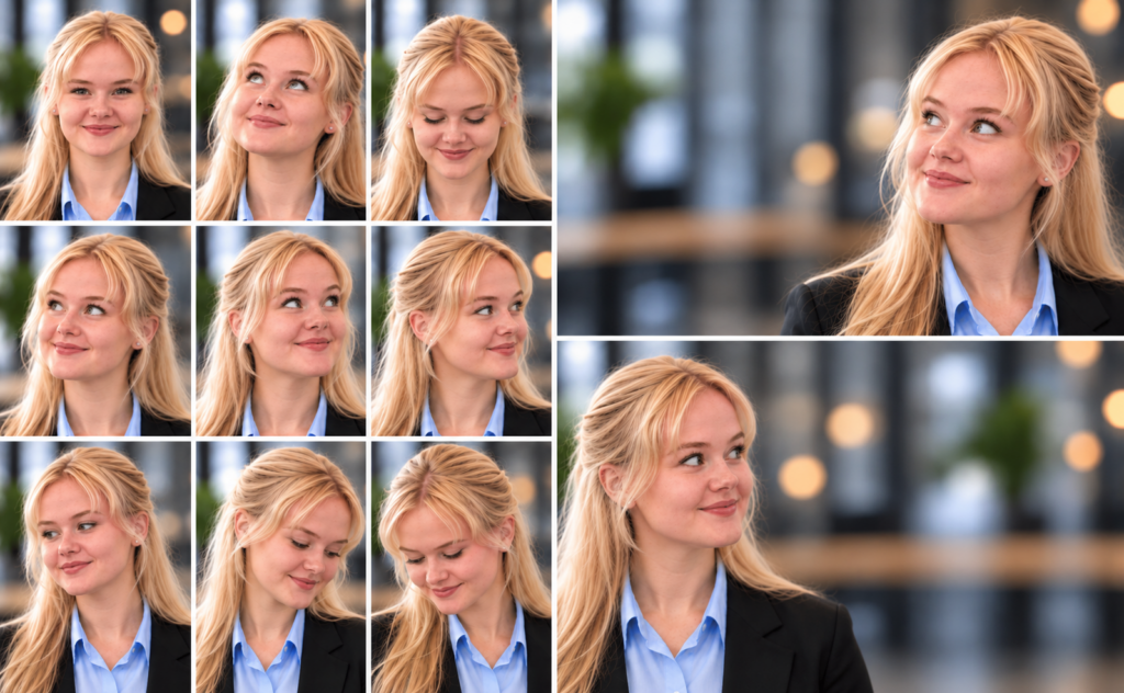 Contact sheet showing the same woman looking in nine different directions, plus horizontal portraits using gaze cueing towards copy space.