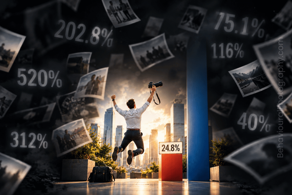 Corporate photographer celebrating a 24.8% result beside a bar graph, unaware of a much taller bar and larger behavioural opportunities surrounding him.