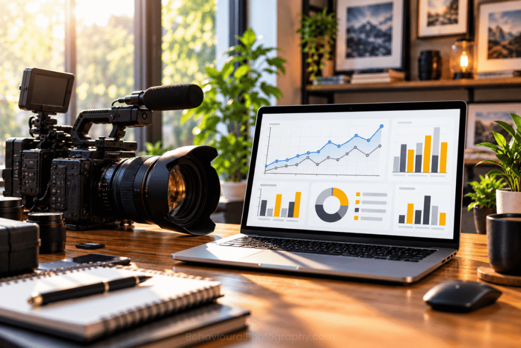 Professional video camera beside a laptop displaying performance graphs, illustrating how the effectiveness of visual communication can be measured.