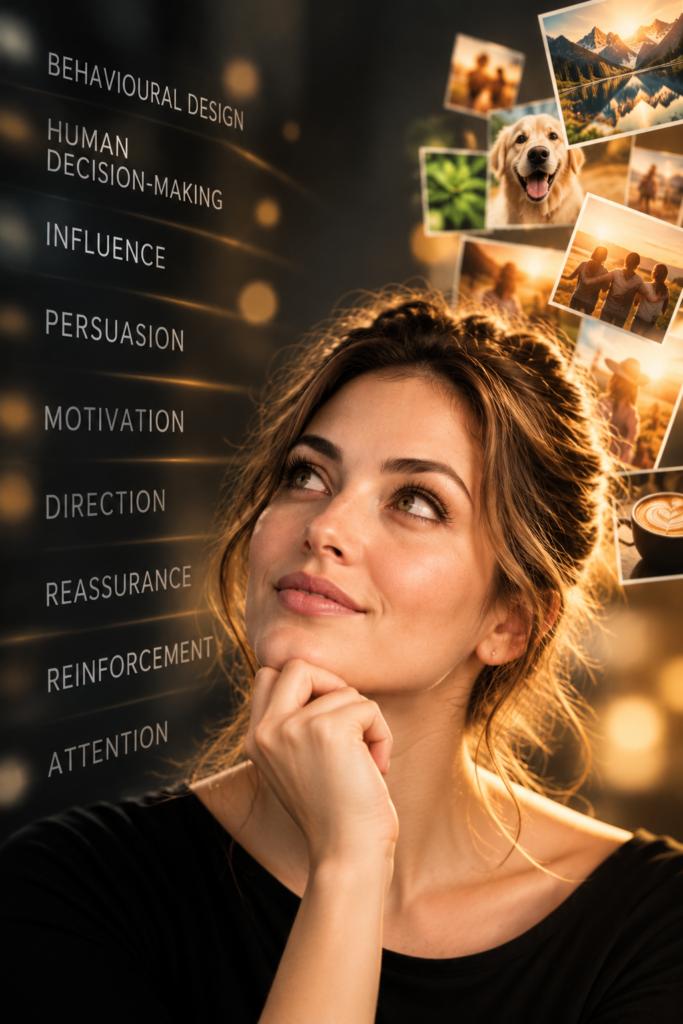 Woman looking towards behavioural science concepts including persuasion, influence, human decision-making, motivation and attention.