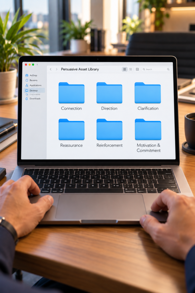 Persuasive Asset Library organised by six behavioural functions: Connection, Direction, Clarification, Reassurance, Reinforcement, and Motivation & Commitment.
