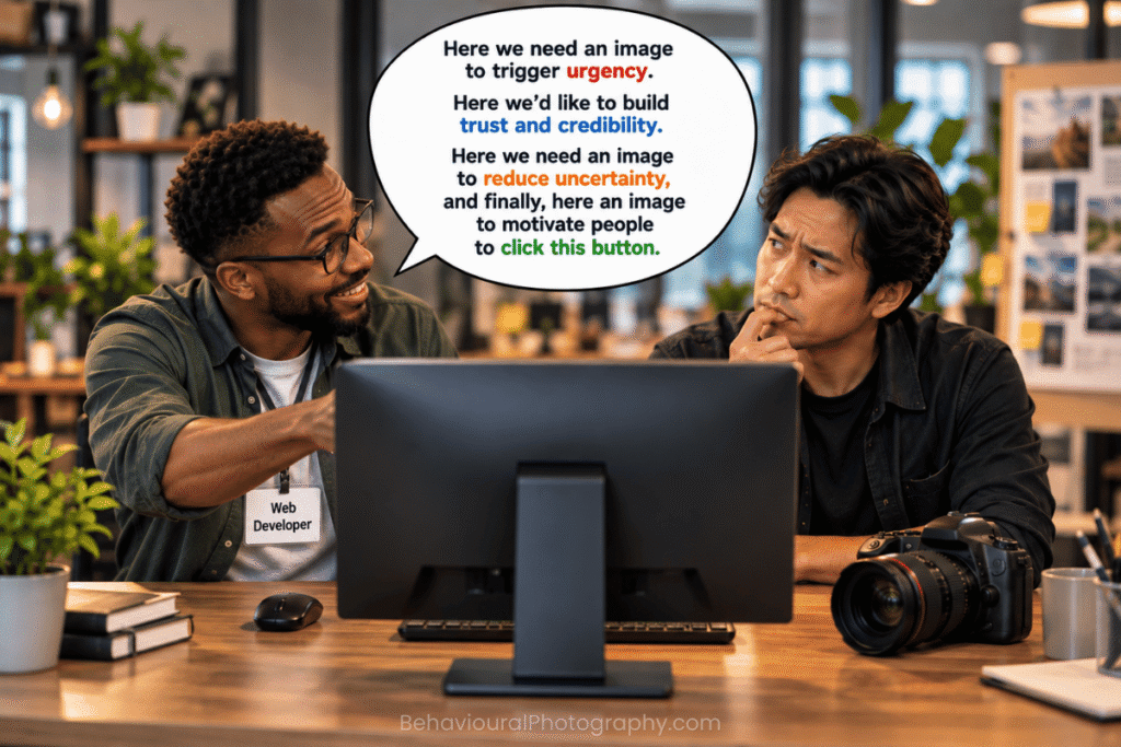 Web developer discusses behavioural objectives for website imagery while the photographer looks uncomfortable and unsure how to respond.