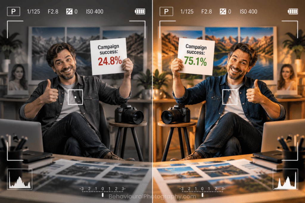 Photographer celebrates a 24.8% campaign result while a mirrored version shows a 75.1% result, illustrating how visually successful work can still underperform its behavioural potential.