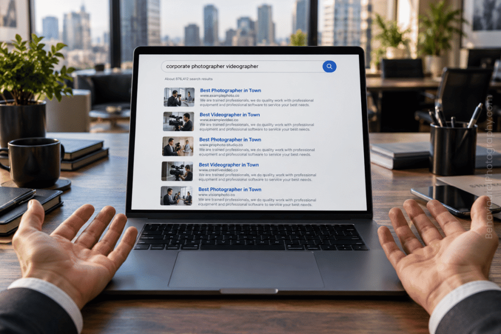 Business professional comparing near-identical corporate photographer and videographer search results, illustrating the challenge of differentiation and the value of becoming a behavioural adviser.