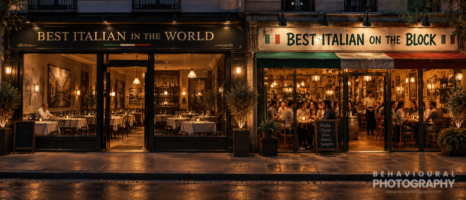 Two neighbouring Italian restaurants at dinner time: one almost empty despite claiming to be the “Best Italian in the World”, while the “Best Italian on the Block” next door is busy with diners.