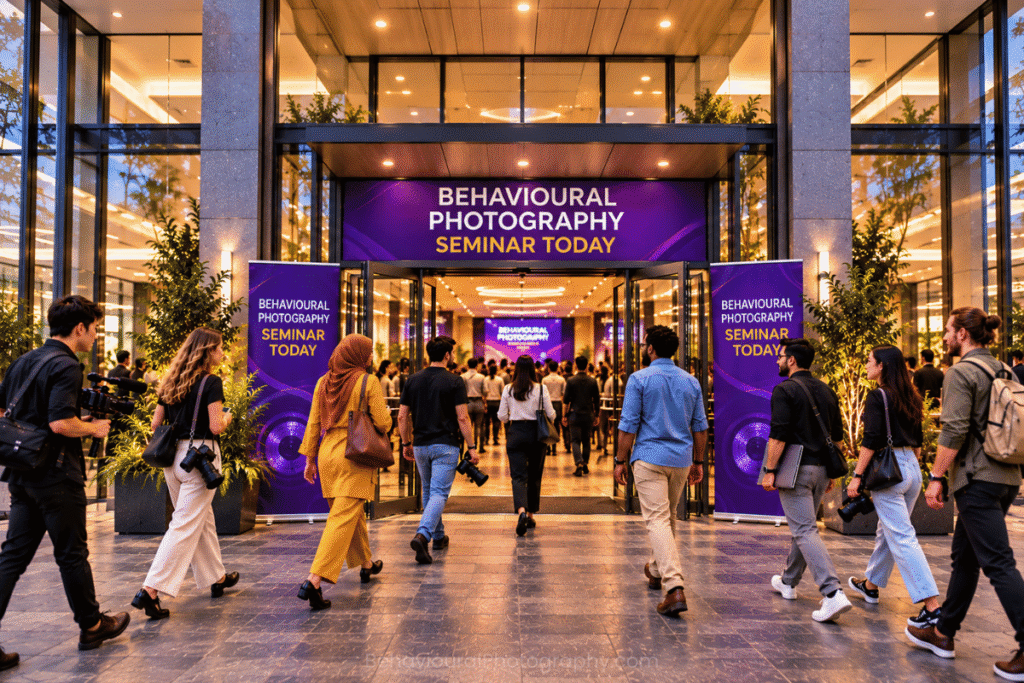 Photographers, videographers, designers and other visual creators arriving at a Behavioural Photography seminar, illustrating social proof in photography and visual communication.