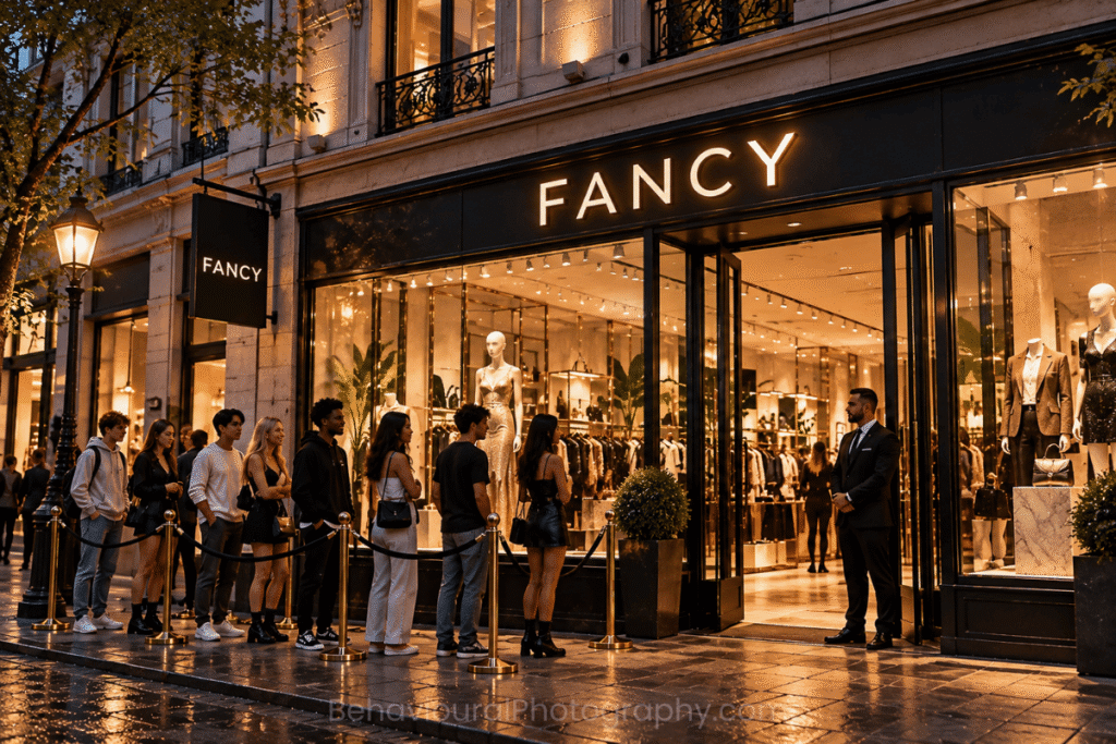 Young shoppers queue outside a busy fashion store, illustrating how social proof in photography can visually communicate popularity and influence behaviour.