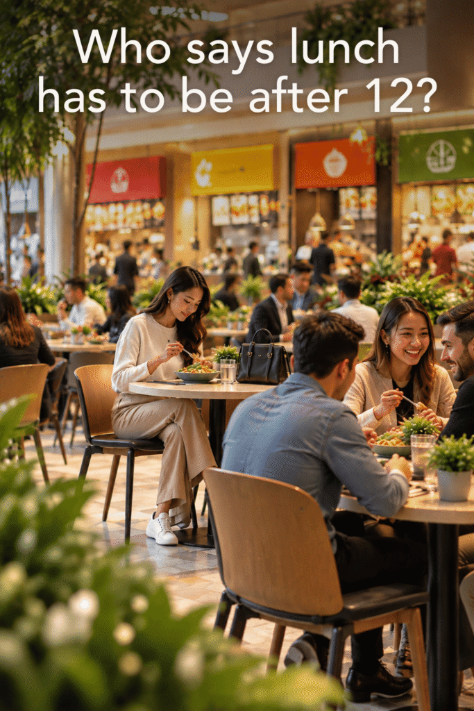 Multiple people enjoying lunch in a busy shopping centre food court, demonstrating how numerousness can strengthen Social Proof in photography.