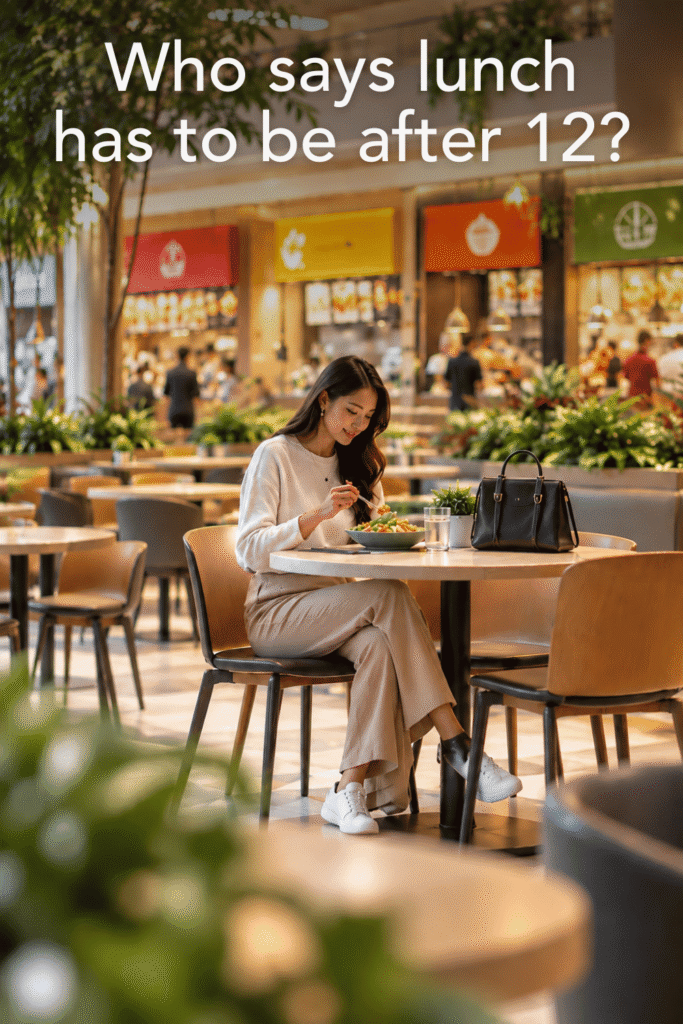Woman eating lunch alone in a shopping centre food court, illustrating Social Proof in photography with one person performing the desired behaviour.