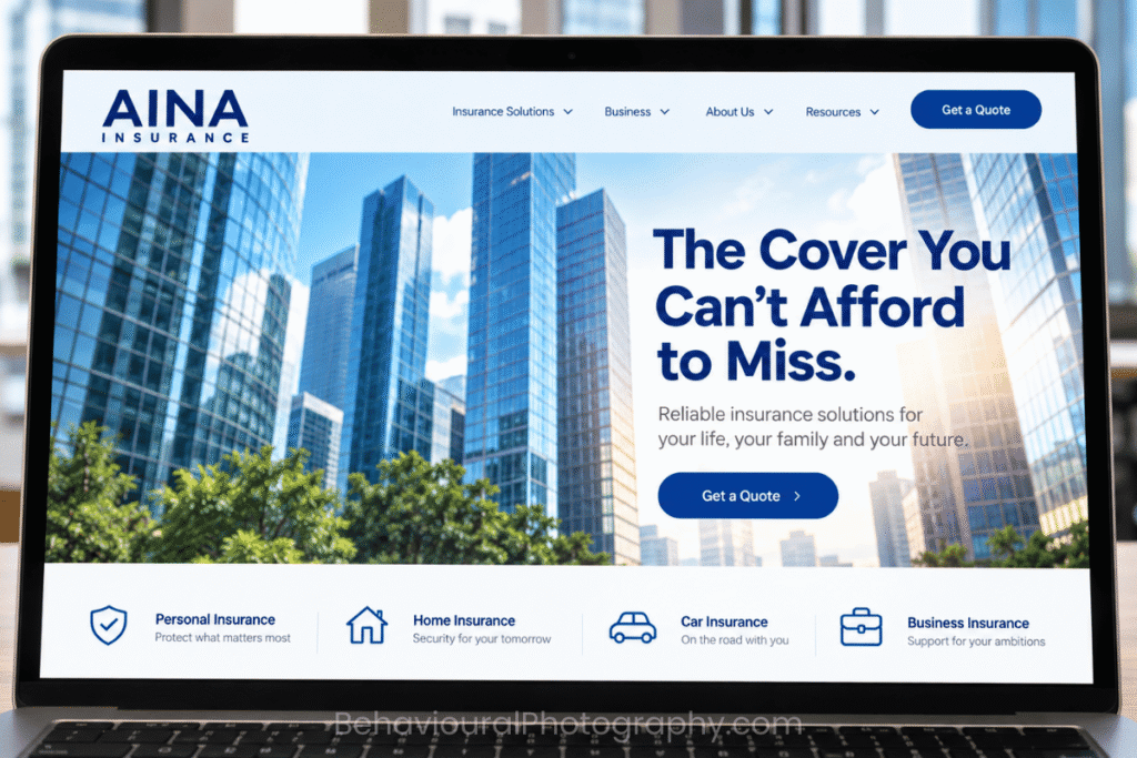 Laptop displaying the AINA Insurance website, featuring modern office buildings, a blue-and-white design and the headline “The Cover You Can't Afford to Miss,” without any people.