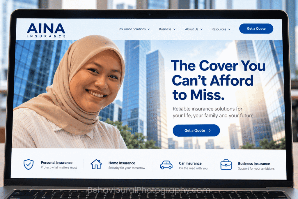 Laptop displaying the AINA Insurance website, featuring a smiling Malaysian woman in a beige headscarf beside an insurance headline and modern office buildings.