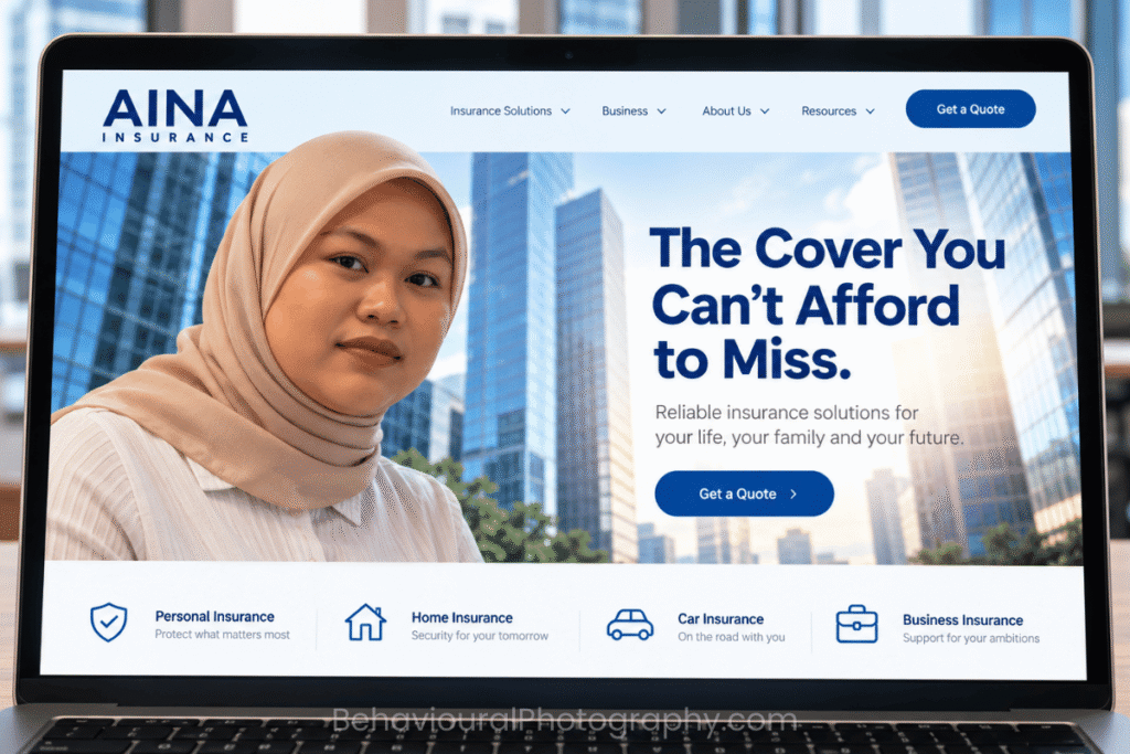 Laptop displaying the AINA Insurance website, featuring a serious-looking Malaysian woman in a beige headscarf beside an insurance headline and modern office buildings.