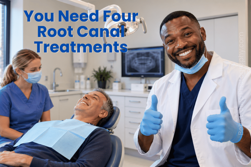 Dentist smiling enthusiastically and giving two thumbs up beside a patient in a dental chair, illustrating when smiling may be inappropriate in professional communication.