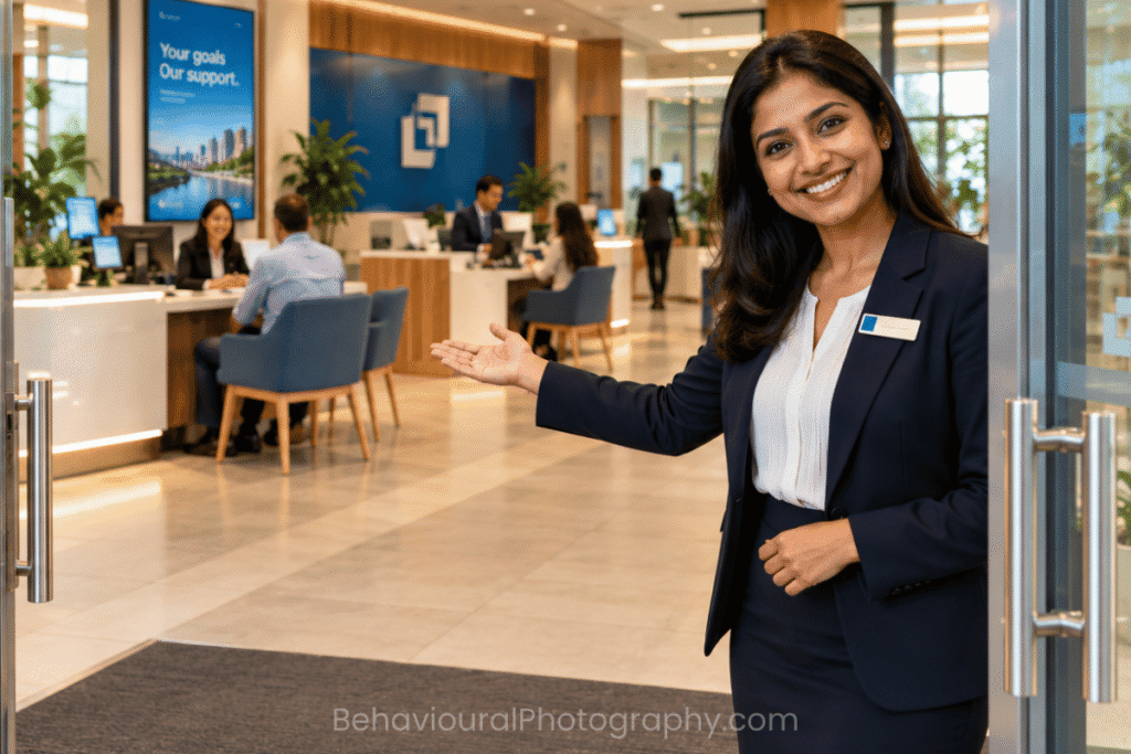 Smiling bank employee welcoming customers with a friendly hand gesture at the entrance of a modern bank, demonstrating how smiling creates positive first impressions.